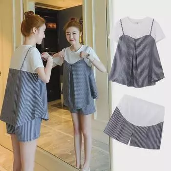 Комплект из полосатых брюк для поддержки живота и футболки с короткими рукавами для беременных 2024 года – модный костюм из двух предметов на весну/лето L синий