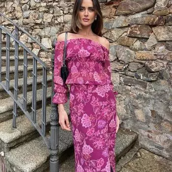 Комплект из принтованной юбки, сексуальный топ с разрезом по горловине, юбка с высокой талией и разрезом, женский костюм с открытыми плечами, рубашка с рукавами-фонариками, сумка на бедрах, шифоновая ткань, лето L