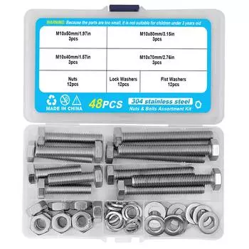Комплект из прочного болта и гайки из нержавеющей стали M10, плоской шайбы и стопорной шайбы, нержавеющая сталь 304 18-8, полная масса
