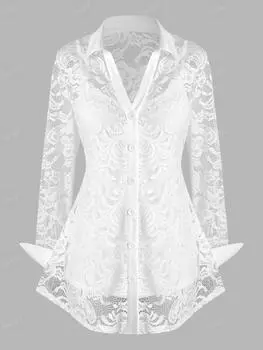 Комплект из прозрачной блузки и топа-майки Rosegal Plus Size с кружевным цветочным узором M чёрный