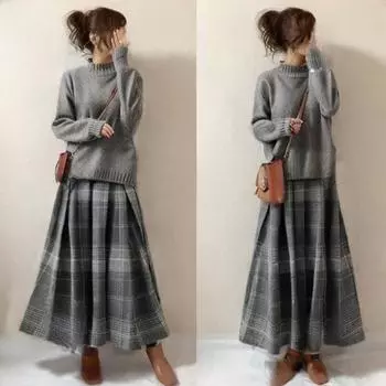 Комплект из японского свитера с высоким воротом и юбки осень/зима 2024 г. S серый