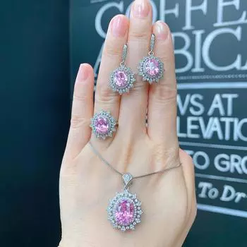 Комплект из розовых бриллиантов и живых страз, новогодние серьги-подвески, свадебные украшения, комплект из трех предметов в стиле ретро