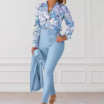 Комплект из рубашки и брюк, модные карманы, цветная офисная одежда, женская рубашка, топ, костюм, длинные брюки, комплект, рабочая одежда, рабочая одежда 2XL темно-синий