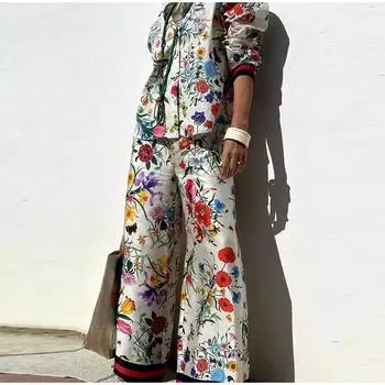 Комплект из рубашки и брюк с цветочным принтом для женщин, летние однобортные рубашки с лацканами, широкие брюки, повседневные модные женские комплекты S