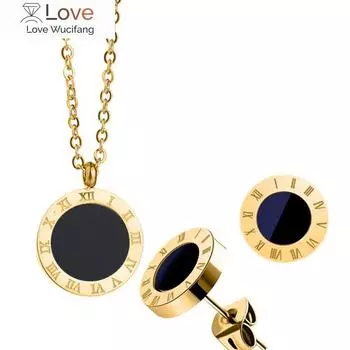 Комплект из серег и ожерелья из простой черной эмали с римскими цифрами из нержавеющей стали 316l 45cm