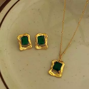 Комплект из серег и ожерелья из настоящего золота с изумрудно-зеленым цирконием и медным покрытием T629 золотой