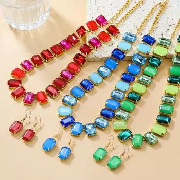 Комплект из серег и ожерелья из квадратного стекла с бриллиантами в стиле бохо для женщин
