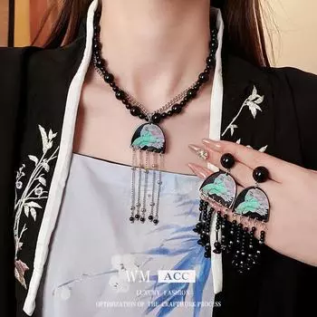 Комплект из серег и ожерелья с кисточками в китайском серебряном стиле с геометрическим узором - роскошные, модные, высококачественные ювелирные изделия Necklace чёрный