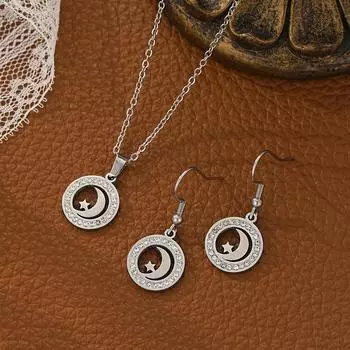 Комплект из серег и подвески из нержавеющей стали «Луна и звезда», ювелирные изделия с фианитами для женщин, романтический дизайн «Ночное небо»