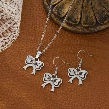 Комплект из серег и подвески в виде банта из нержавеющей стали с камнями CZ, элегантные женские украшения, классический дизайн ленты