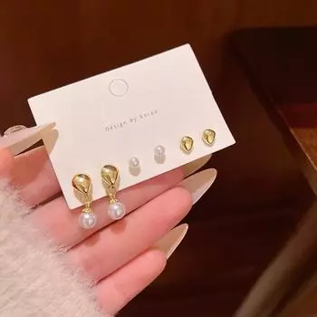 Комплект из серег с каплями жемчуга в корейском стиле - шесть универсальных изделий для женщин A1968 золотой