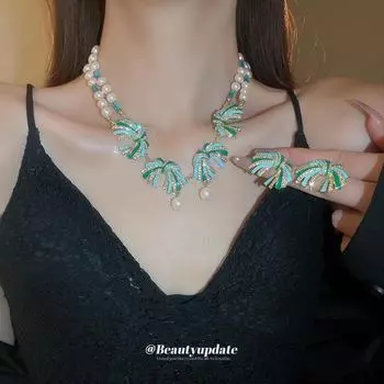 Комплект из сережек и ожерелья с жемчугом «Летний фейерверк» — универсальная цепочка для ключицы, модные аксессуары Necklace морская волна