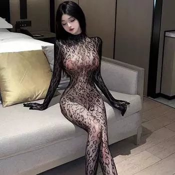 Комплект из сетчатого платья с леопардовым принтом, боди с сетчатыми чулками и перчатками Model B16 Black