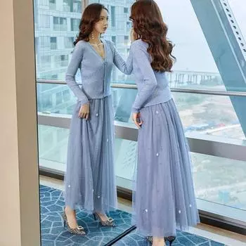 Комплект из сетчатой юбки, трикотажного кардигана и лифчика для женского весеннего гардероба S