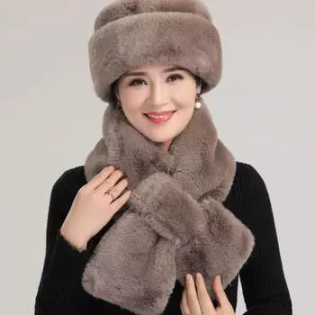 Комплект из шапки и шарфа. Старинная шапка. Зимняя хлопковая шапка из искусственного меха норки для матери среднего возраста. L