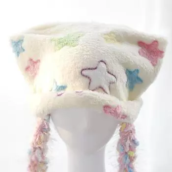 Комплект из шарфа и шапки со звездами Большие шапки, шерстяная шапка конфетного цвета, шапка с ушками из искусственного меха, лыжная шапка, большая шляпа, корейская шапка, теплая шапка Y2K, толстая нежная шапка 56-58cm