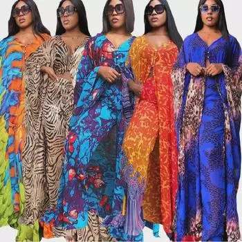 Комплект из шифонового кардигана с цифровым принтом и свободных брюк в африканском стиле больших размеров One Size