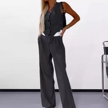 Комплект из широких брюк, элегантный женский костюм без рукавов с V-образным вырезом и нестандартным жилетом, широкие брюки, формальный для офиса S темно-серого