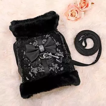 Комплект из шлейки и поводка для собак с блестками, теплый меховой зимний жилет для собак, шлейка для маленьких и средних собак, кошек с милой розовой бабочкой XS чёрный