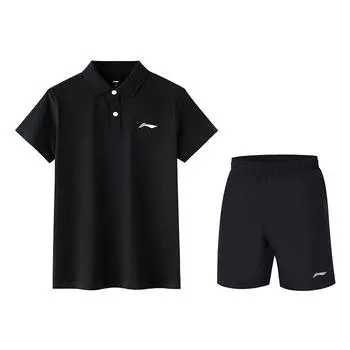 Комплект из спортивной и стильной футболки-поло и шорт Li Ning Sports Lifestyle Series с однотонным логотипом, дышащей и быстросохнущей. APLT137-1+AKSS561-1 M