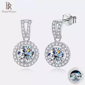 Комплект из стерлингового серебра 925 пробы Bague Ringen с простыми серьгами в виде диска с бриллиантом Mosan 1 карат диаметром 5,0 мм