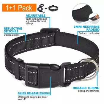 Комплект из светоотражающего ошейника и поводка для собак, 5-футовый нейлоновый ошейник для домашних животных с мягкой неопреновой подкладкой для маленьких, средних и больших собак L синий