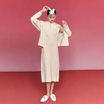 Комплект из свитера, кардигана, осенний легкий роскошный вязаный кардиган, верхнее пальто с трикотажным платьем, комплект из двух предметов, женский свитер