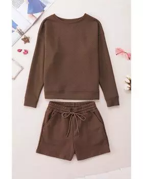 Комплект из текстурированного топа с длинными рукавами и шорт на завязках Azura Exchange S коричневый