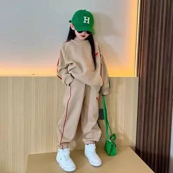 Комплект из толстовки с длинными рукавами и спортивных штанов для девочек на осень 2023 года — модный, свободный крой для детей 130 cm