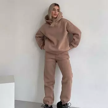 Комплект из толстовок с капюшоном, однотонный топ с длинными рукавами и повседневные брюки на эластичной талии, женский спортивный повседневный комплект из двух предметов на весну и осень S чёрный