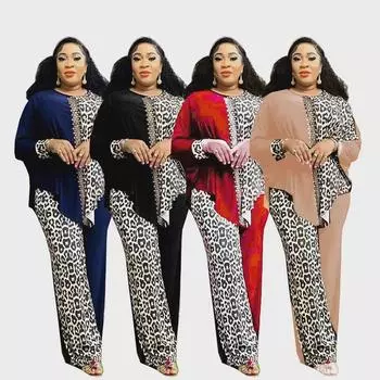 Комплект из топа и брюк больших размеров с леопардовым принтом и цветными блоками для Европы, Америки и Африки чёрный