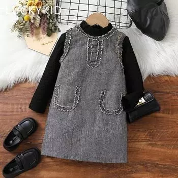 Комплект из топа и майки с длинными рукавами и рюшами для девочек, новинка осени и зимы 1-2Y чёрный