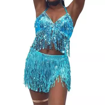 Комплект из топа и пояса для танца живота с бахромой из пайеток и халтер-юбкой для латиноамериканских танцев, сексуальный костюм для вечеринки, 4 слоя, кисточки, одежда для выступлений на сцене One Size небесно-голубой