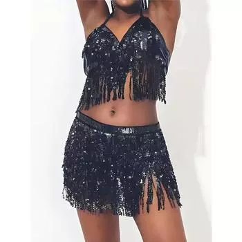 Комплект из топа и пояса для танца живота с бахромой из пайеток и халтер-юбкой для латиноамериканских танцев, сексуальный костюм для вечеринки, 4 слоя, кисточки, одежда для выступлений на сцене One Size небесно-голубой