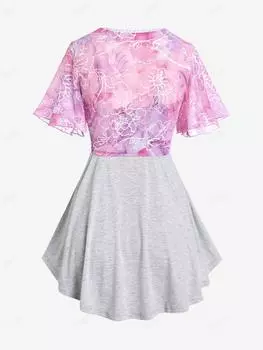 Комплект из топа на бретельках Rosegal размера плюс с отделкой салатом и блузки на шнуровке с цветочным принтом L светло-серый