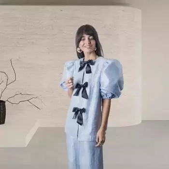 Комплект из топа с бантом и однотонных брюк на весну и осень L