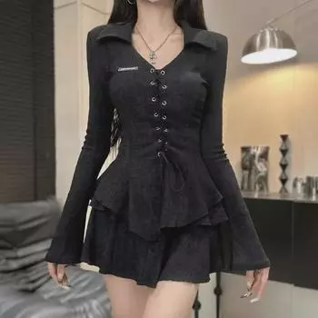 Комплект из топа с длинными рукавами и V-образным вырезом в стиле французского ретро и облегающей юбки-торта S (80-95 lbs)