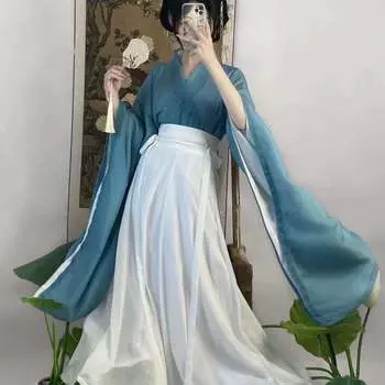 Комплект из трех частей с юбкой длиной до талии и перекрестным вырезом в стиле династий Вэй и Цзинь для женщин L синий