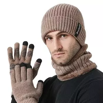 Комплект из трех частей, зимний вязаный комплект шапок с шарфом, перчатки, мужская нескользящая толстая теплая шапка для верховой езды красный