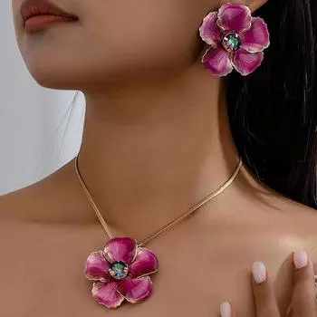 Комплект из трех модных ожерелий и сережек с цветочным кулоном для женщин зелёный