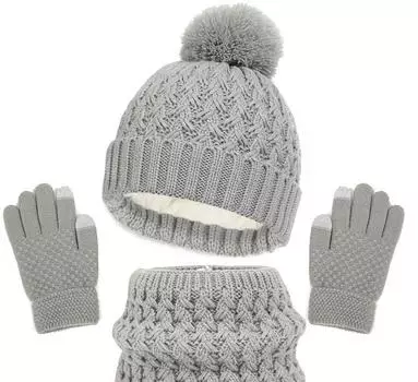 Комплект из трех предметов: детские шапки, шарфы, перчатки, осенне-зимний с толстым флисом, детская шапка с одним шариком 1