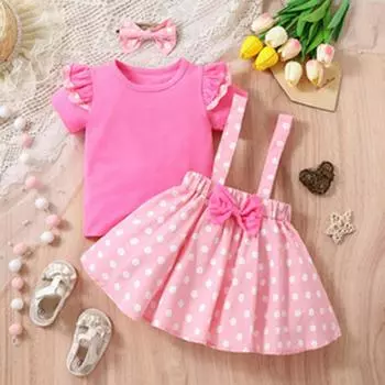 Комплект из трех предметов для девочек: небольшой топ с летящими рукавами, юбка с бретельками в горошек, детский комплект для волос 100 розовый