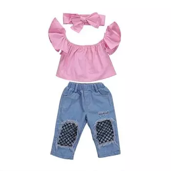 Комплект из трех предметов для маленьких девочек, футболка с открытыми плечами для малышей, джинсовые брюки, комплект детской одежды с головным убором с бантом 1-2 Years розовый