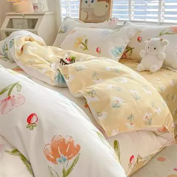 Комплект из трех предметов для спальни из полированного хлопка Комплект из четырех предметов для сна без одежды из выстиранного хлопка Маленький свежий пододеяльник 1.2m bed