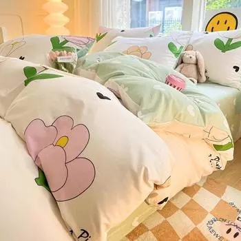 Комплект из трех предметов из чистого хлопка на четыре сезона, пододеяльник из чистого хлопка, комплект из четырех предметов с пододеяльником с мультяшным принтом 1.2m bed sheet 3pcs
