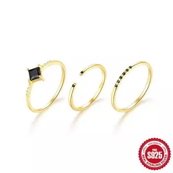 Комплект из трех предметов из стерлингового серебра 925 пробы с черными бриллиантами, геометрическое кольцо с цирконом для темной женской моды No. 7