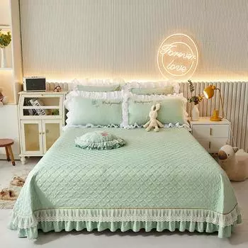 Комплект из трех предметов, комплект покрывал для кровати в стиле принцессы, кружево, стираный хлопок, нескользящие толстые стеганые простыни, универсальный сезон на четыре сезона 250cmx250cm 1pcs