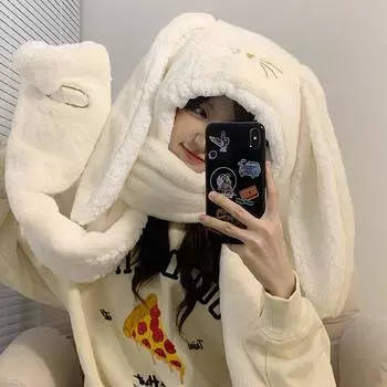 Комплект из трех предметов, милые шапки с увеличенными ушами, шарф, перчатки, плюшевый бархат, имитация кроличьего волоса, защитная шапка для ушей, женская шапка