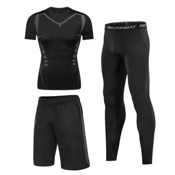 Комплект из трех предметов Мужская одежда для фитнеса Мужские костюмы Быстросохнущая одежда Колготки Тренировочная одежда Одежда для бега Баскетбольная одежда Спортивная одежда с длинным рукавом S