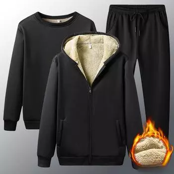 Комплект из трех предметов с флисовой подкладкой, толстовка из овчины, кардиган, брюки, осенне-зимний теплый утолщенный свободный спортивный костюм с капюшоном 5XL чёрный